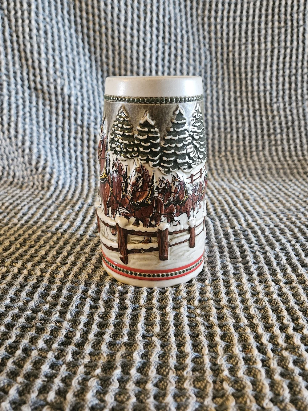 Decorative Winter Scene Ceramic Stein - Red and Green